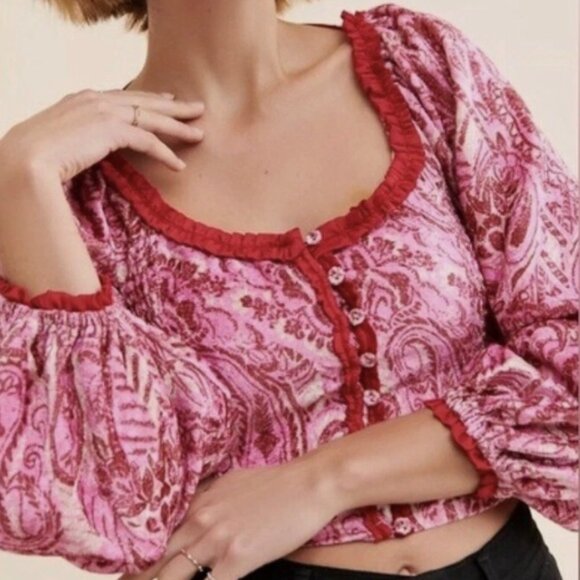 Free People Tops - Free People Women's Pink Paisley Button Front Dare Me Velvet Blouse Top Size S